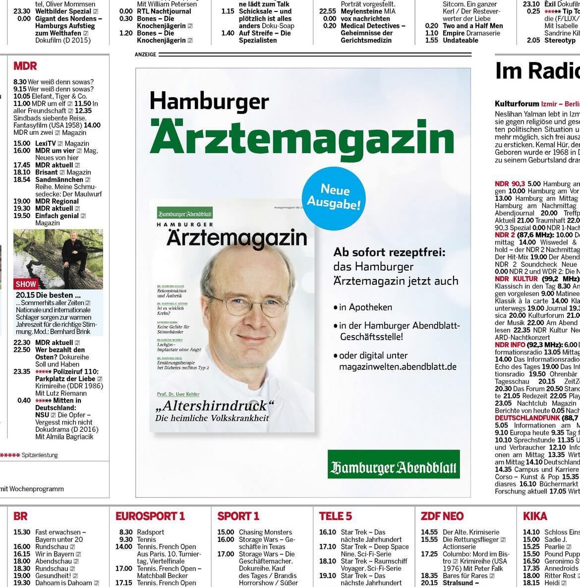 Anzeigen im Abendblatt vom Hamburger Ärztemagazin Mai-Ausgabe