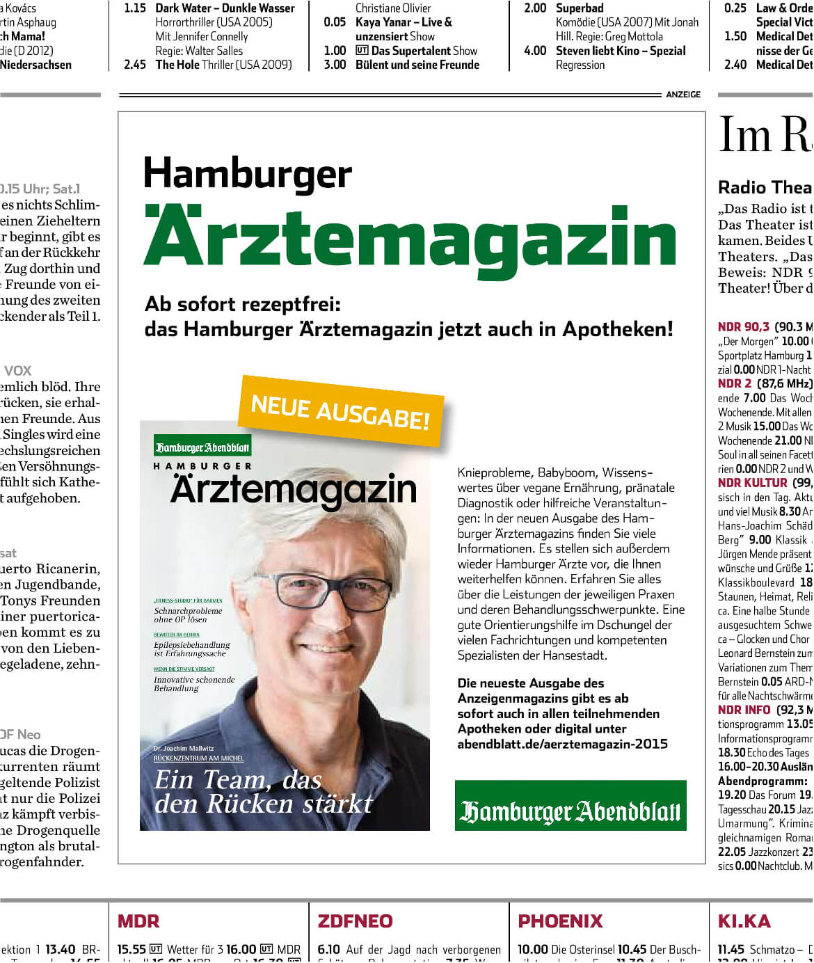 Anzeige vom Hamburger Ärztemagazin im Abendblatt am 10.10.